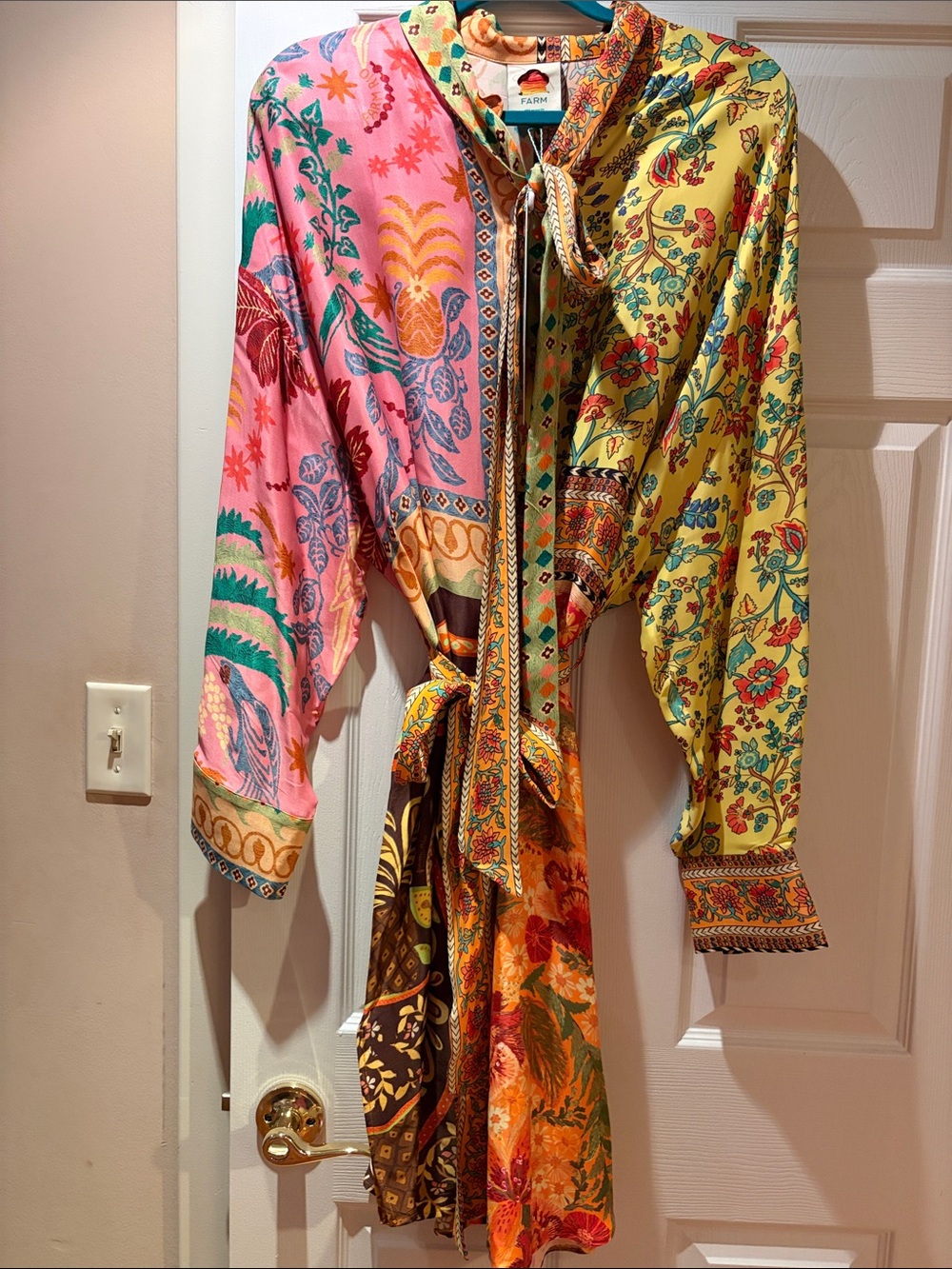 FARM Rio Pink and Yellow Floral Tie-Waist Midi Dress